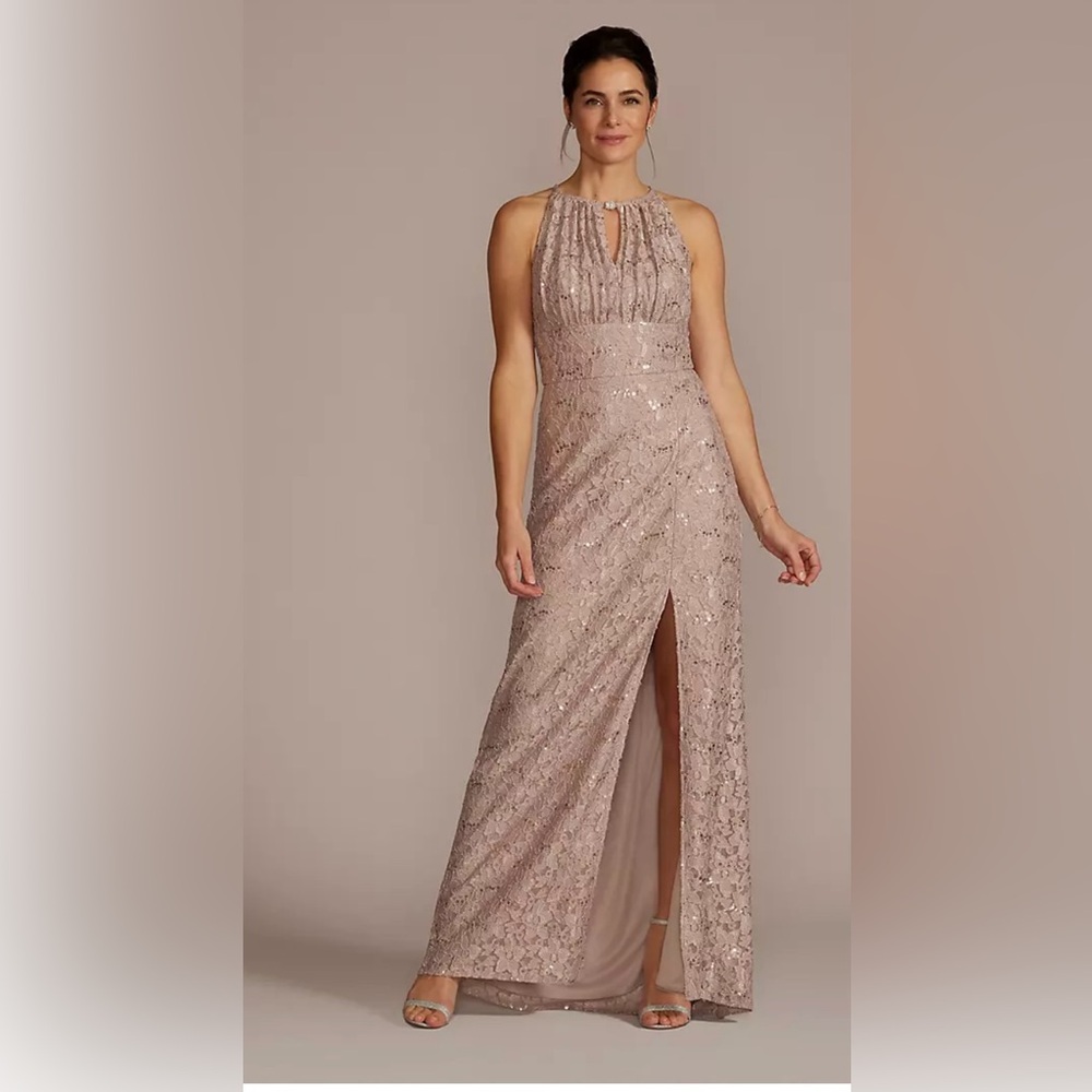 Oleg Cassini Elegant Sequin Halter Maxi Dress - Blush Mother of the Bride-Groom